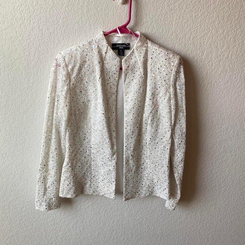 R&M Richards Womens Sequin Lace Bridal Evening Jacket Size 6P White Silver